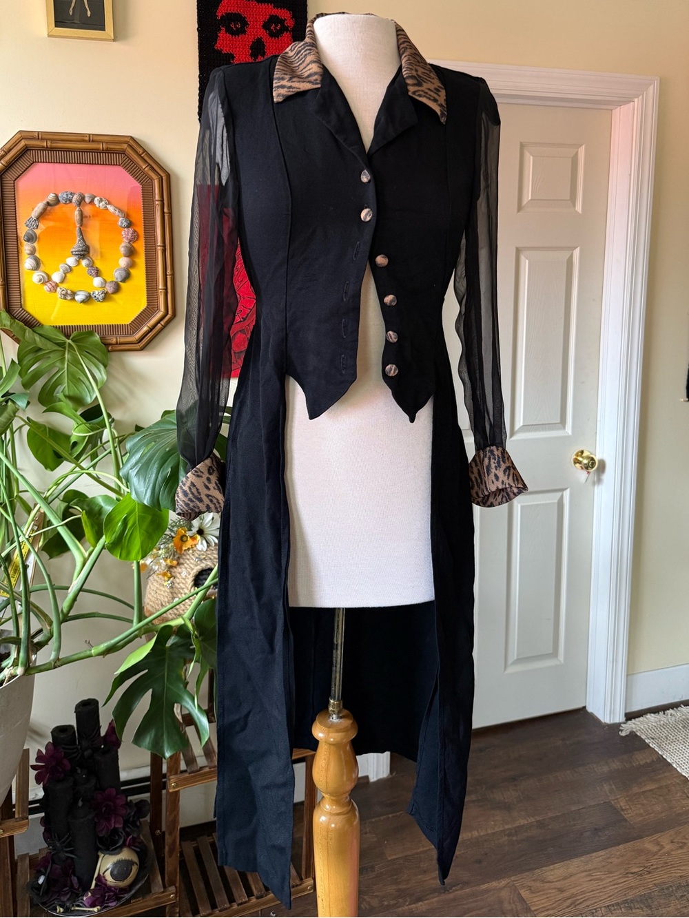 Gothic Vintage 90’s Black Longline Blazer with Mesh Sleeves & Leopard Trim
